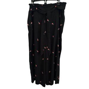 Lauren Conrad Womens Rose Print Wide-Leg Pants L Black Ruffled Waistband